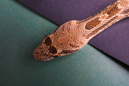 Close up of the head of a snake on a green background.