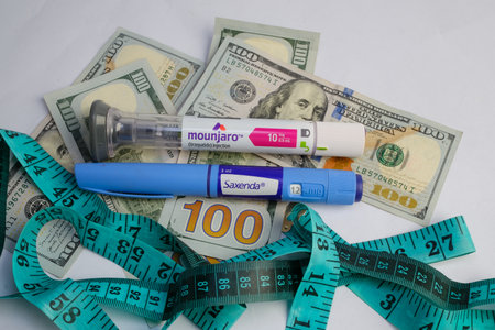 Basra, Iraq - August 5, 2025: Mounjaro and Saxenda Pens for Costly Weight Loss Managementの写真素材