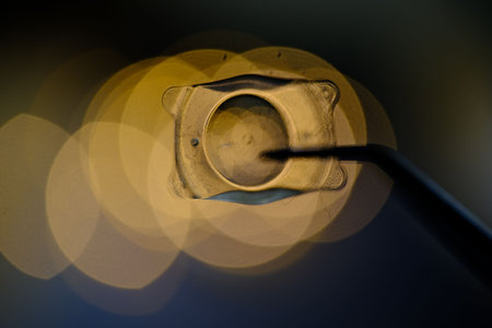 Close-up of a lens with bokeh effect and a tool pointing at it.の写真素材