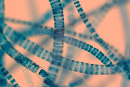 Close-up of blue filamentous structures under a microscope.の写真素材