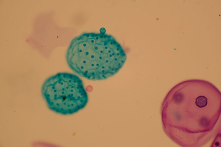 Microscopic view of stained cells with blue and pink huesの写真素材
