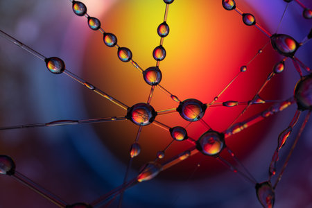 Close-up of water droplets on a spider web with colorful bokeh background.