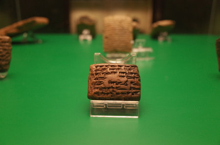 Ancient clay tablet with cuneiform writing displayed on a green surfaceのeditorial素材