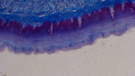 Microscopic view of skin tissue showing layers with blue and purple staining