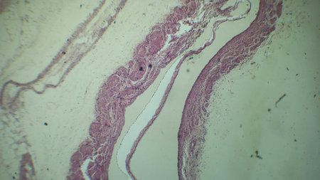 Microscopic view of tissue with stained sections showing cellular structures and patterns