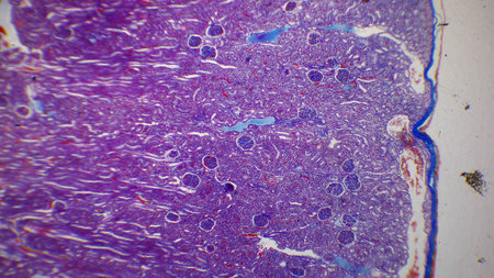 Microscopic view of stained tissue sample showing cellular structures.