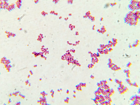 Microscopic View of Purple Cocci Bacteria Clustered in Grapelike Formations