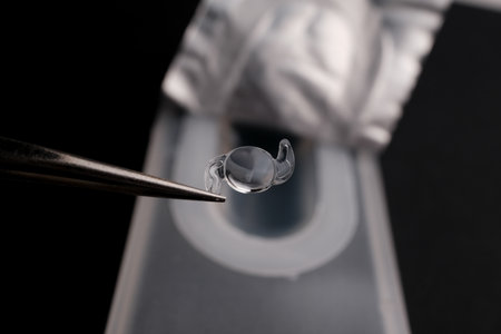 a Biocompatible Acrylic Phaco IOL Being Removed from its Sterilized Packaging, Illustrating Preparation for Ophthalmic Vision Restoration Surgeryの写真素材