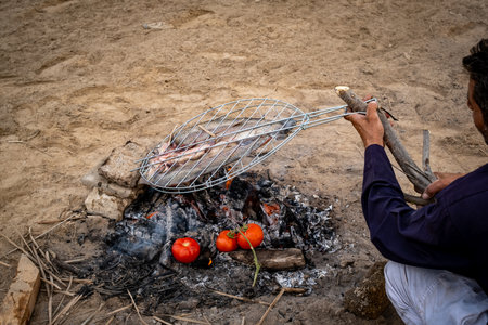 Detailed Close-up of Iraqi Man Preparing Traditional Masgouf River Fish Over Open Fire in Desert-like Environmentの写真素材