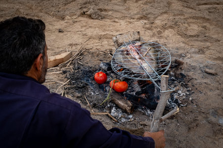 Detailed Close-up of Iraqi Man Preparing Traditional Masgouf River Fish Over Open Fire in Desert-like Environmentの写真素材