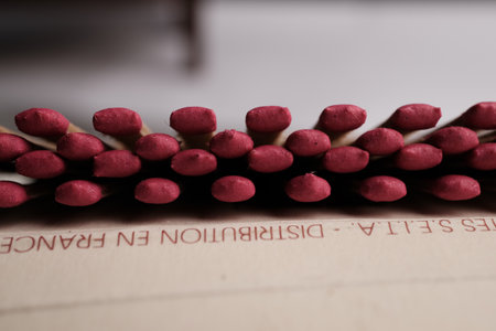 A Detailed, Shallow Depth-of-Field Macro Shot of Uniformly Arranged, Deep Crimson Match Headsの写真素材