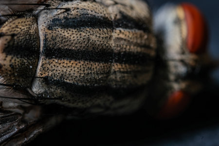xtreme Macro Photography Highlighting the Striking Longitudinal Stripes and Pitted Texture of a Fly's Thoraxの写真素材