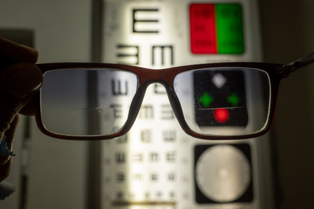 A Hand Holding Medical Vision Correction Glasses with an Optometry Testing Background for Visual Acuity Assessment Purposesのeditorial素材