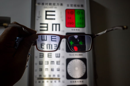 A Hand Holding Medical Vision Correction Glasses with an Optometry Testing Background for Visual Acuity Assessment Purposesのeditorial素材