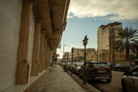 Wide angle perspective of a clean urban street with parked cars and classic architecture under a cloudy sky.のeditorial素材