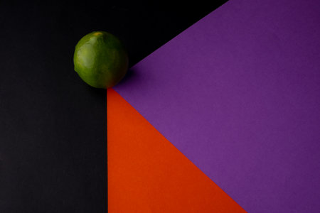 Fruit on colorful background. Flat lay, top view.の写真素材