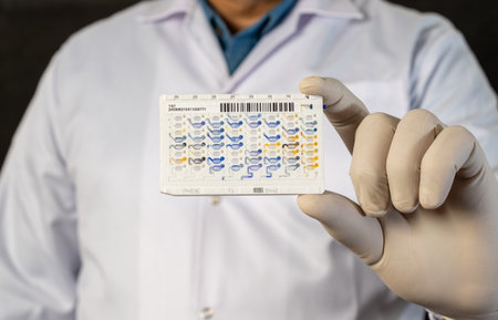 Medical professional holding diagnostic card for automated microbial identification