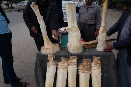 Karbala, iraq - February 04, 2023: photo of a man selling Al-Guomar the heart of the date palm treesのeditorial素材