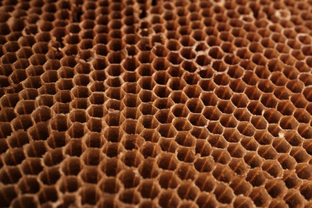 Macro close-up of brown honeycomb hexagonal cells forming repeating texture pattern, natural wax...