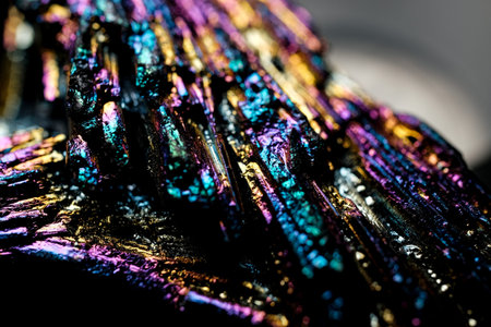 Close-up of iridescent metallic mineral with vivid blue, purple, gold highlights on textured...