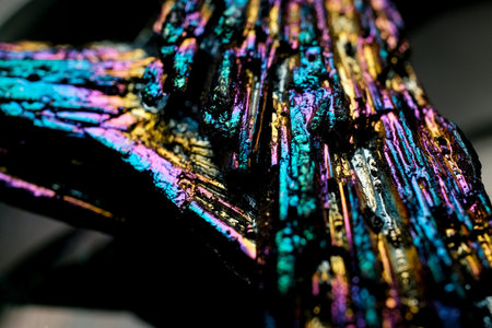 Close-up of iridescent bismuth-like crystal with metallic rainbow colors and striated texture, dark...