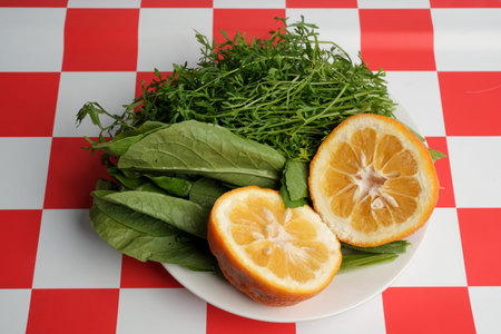 Fresh Green Herbs and Citrus Garnish Served on a Plateの写真素材