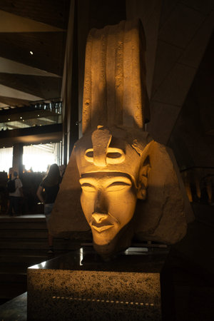 Cairo, Egypt- February 01, 2026: Close-up Profile of Ancient Pharaonic Colossal Stone Statue Head