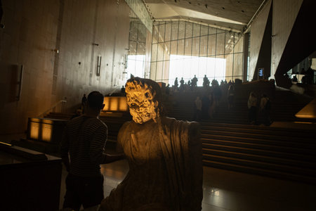 Cairo, Egypt- February 01, 2026: Intricate Statue of King Amenhotep III and God Sobek at Grand...