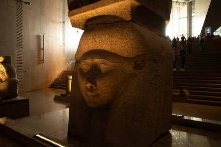 Cairo, Egypt- February 01, 2026: Intricate Statue of King Amenhotep III and God Sobek at Grand...