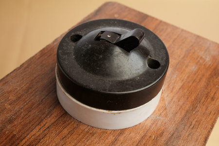 Basra, Iraq - January 21, 2026: Vintage Bakelite Electrical Toggle Switch Mounted On Aged Wood Plank