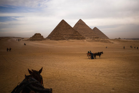 View of the pyramids of giza with horses and carriages in the foreground under cloudy skyのeditorial素材
