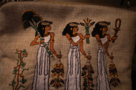 Three stylized egyptian women in white robes embroidered on fabric, holding lotus and ankh motifs against a textured beige backgroundのeditorial素材