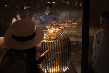 Cairo, Egypt- February 01, 2026: Golden Tutankhamun Sarcophagus Detail Ancient Egyptian Royal Burial...