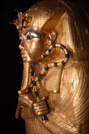 Cairo, Egypt- February 01, 2026: Golden Tutankhamun Sarcophagus Detail Ancient Egyptian Royal Burial...