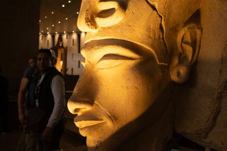 Cairo, Egypt- February 01, 2026: Close-up Profile of Ancient Pharaonic Colossal Stone Statue Head