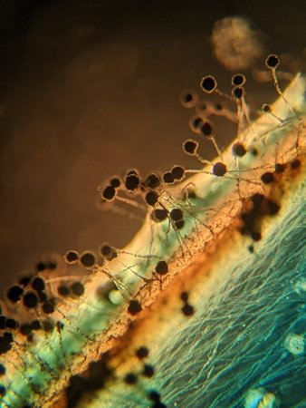 Aspergillus fungal colony section showing conidiophores growing on agar surface