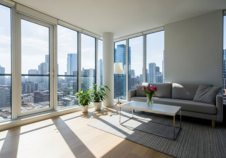 Bright urban apartment living room with expansive city skyline view and lightの素材