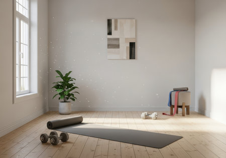 Serene home fitness space with yoga mat, dumbbells, plant, and sunlight.の素材