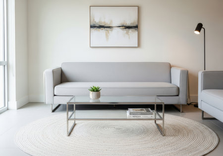 Contemporary living room with modern grey sofa, glass coffee table, and art.の素材