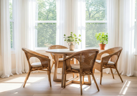 Bright dining area with natural light, wicker chairs, modern design, inviting home.の素材