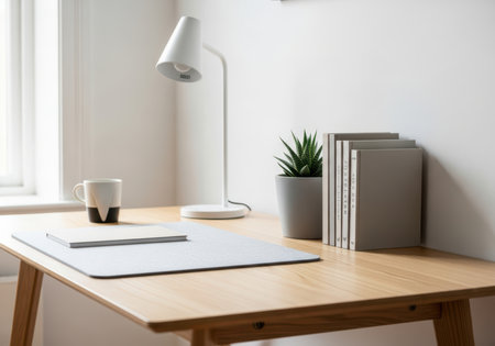 Clean modern home office workspace featuring wooden desk, plant, books, and lampの素材