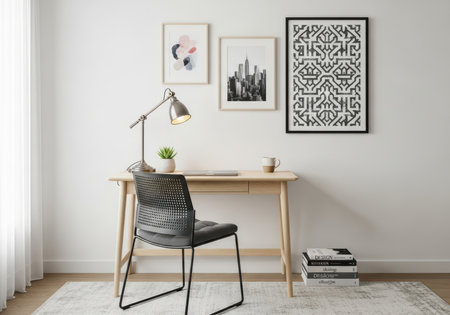 Modern home office space with desk, laptop, decor, and framed art printsの素材