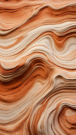 Abstract sandstone layers in terracotta and ivory form flowing striations, evoking desert textures and warm earthy elegance.の素材