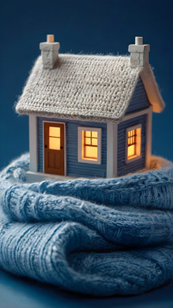 3d render of a cozy house wrapped in a knitted scarf on a blue background, symbolizing warmth, insulation, and efficient winter heating systems.の素材