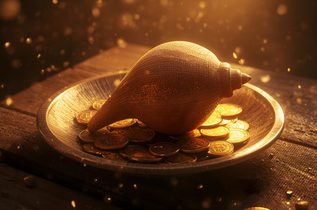 A photoreal horse conch placed on a bowl of golden coins, symbolizing fortune and prosperity in spiritual belief.の素材
