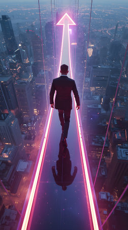 Cyberpunk-inspired concept showing professional success along a dynamic, illuminated arrow path.の素材