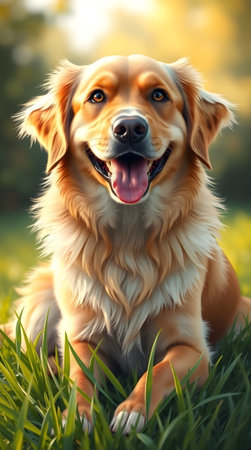 Golden Retriever dog lying in the grass on the sunset backgroundの素材