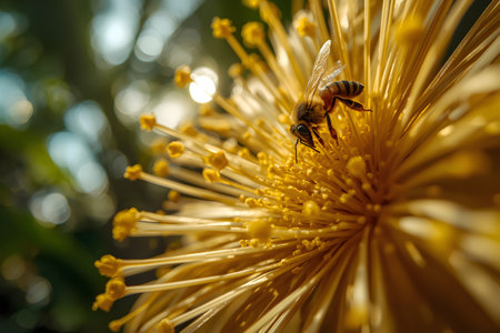 Bee on yellow chrysanthemum flower, close-upの素材