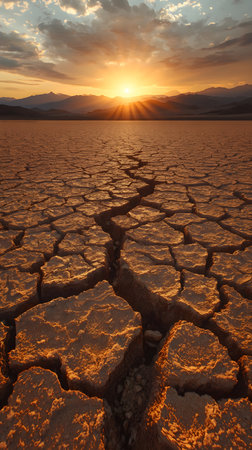 Dry land in the desert at sunset. Global warming concept.の素材