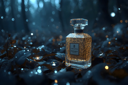 Luxury agarwood perfume captured in a serene forest floor, surrounded by exotic wallapatta leaves, blending elegance, nature, and timeless aromaの素材
